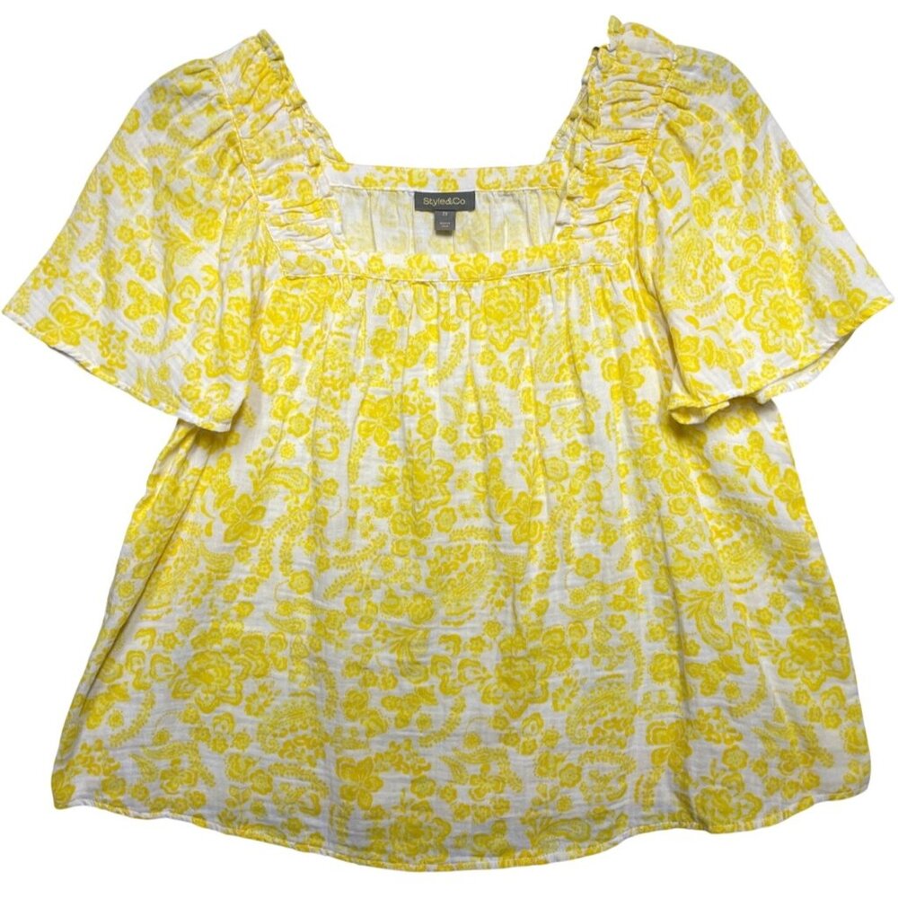 Style & Co Womens 0X Paisley Gauze Blouse Short Sleeve Square Neck Lightweight